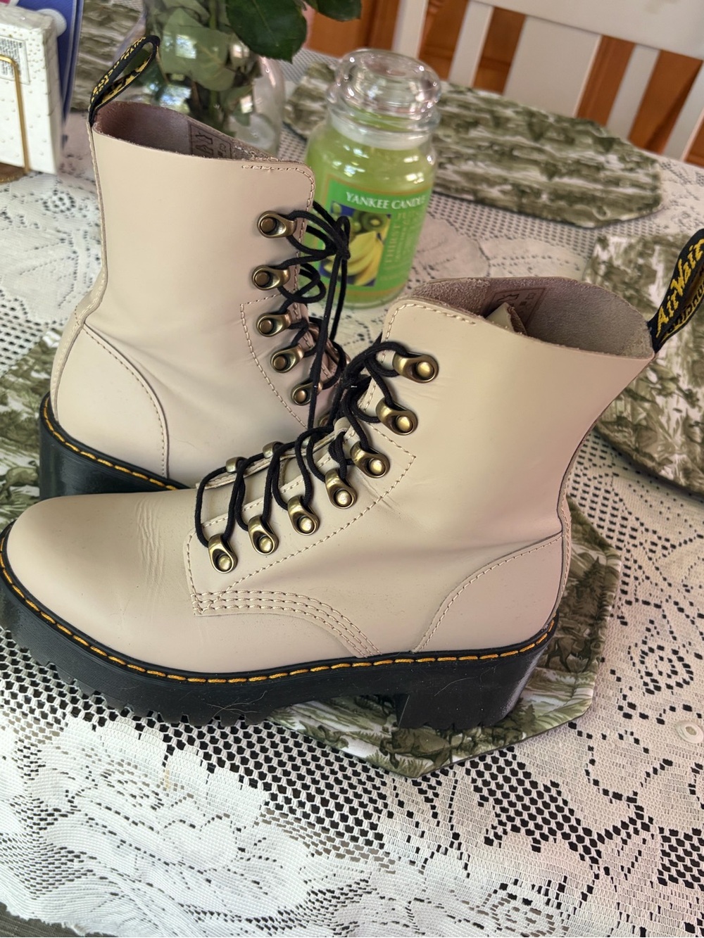 Dr. Martens Cream Lace-Up Platform Combat Boots